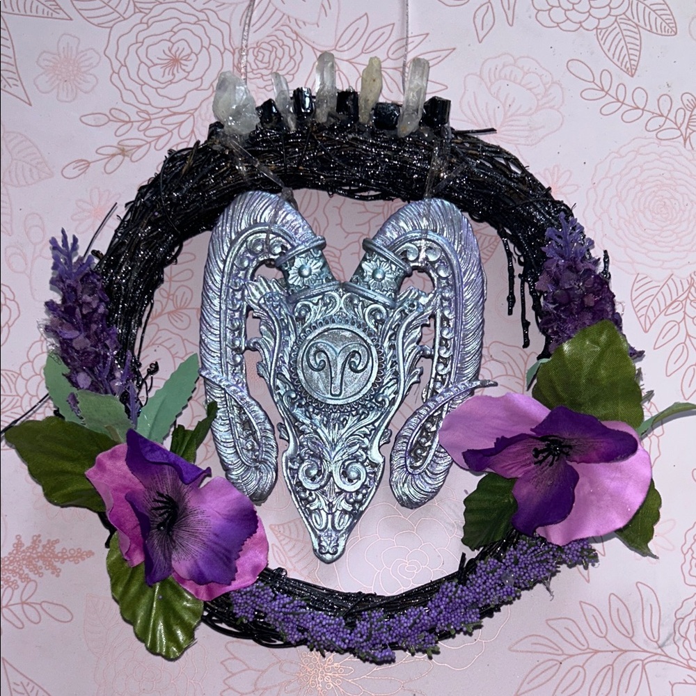 HandmadeWreath Aries Ram with Quartz and tourmaline for protection